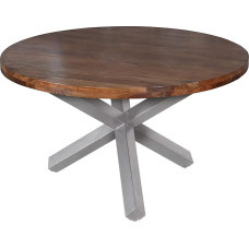 SAM Runa Round Dining Room Table 130 cm Solid Acacia Wood Dining Table Walnut Coloured Metal Star Base Silver Double Table Top 50 mm