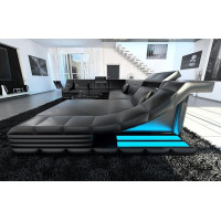 Wohnlandschaft Turino XXL Leather Sofa with LED Lighting, Adjustable Headrests, Chaise Longue / Choice of Leather Colours / Orientation Selectable (Ottoman Right, Black)