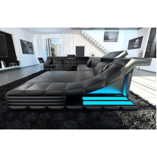 Wohnlandschaft Turino XXL Leather Sofa with LED Lighting, Adjustable Headrests, Chaise Longue / Choice of Leather Colours / Orientation Selectable (Ottoman Right, Black)