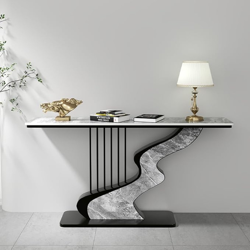 Moderner Konsolentisch aus Kunstmarmor, Eingangstisch mit goldenem Metallfuß, rechteckige schmale Konsole, langer Sofatisch, Akzenttisch für kleine Räume, Wohnzimmer, Büro, Foyer, Eingangshalle