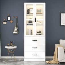 YESGIGA 200cm Tall Standing Display Cabinet with 3 Drawers and 2 Moving Dividers 2 Glass Doors LED Lighting (Style A)