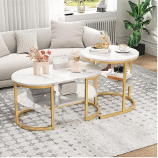 Coffee Tables, 2 Pieces Marble Design Metal Frame Round Side Table for Sofa Middle Table for Living Room Office Home Cafe Hotêl 80 x 41 x 46 cm + 52 x 52 x 51 cm (Gold 2)