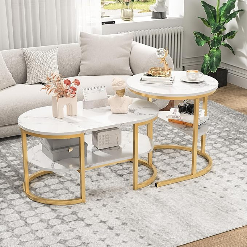 Coffee Tables, 2 Pieces Marble Design Metal Frame Round Side Table for Sofa Middle Table for Living Room Office Home Cafe Hotêl 80 x 41 x 46 cm + 52 x 52 x 51 cm (Gold 2)