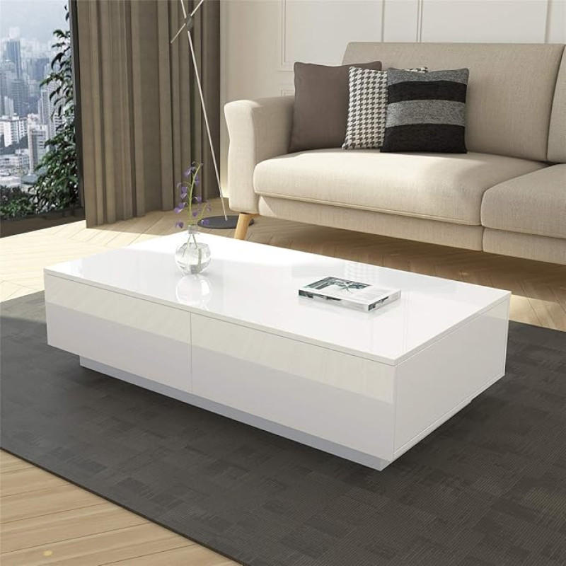 Coffee Table White High Gloss with Storage Space - Modern Rectangular Table with 4 Drawers for Living Room & Home Office, High Gloss Finish & Storage Organiser 95 x 60 x 31 cm