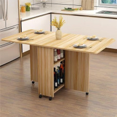 Foldable Mobile Drop Leaf Dining Table with 6 Wheels 2 Open Storage Shelves Extendable Design for Work Study & Dining - Space-Saving Wood Color Gateleg Table