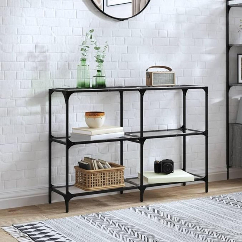 Tidyard Console Table with Glass Top, Side Table, Sofa Table, Hallway, Entrance, Living Room, Bedroom and Office, Transparent, 118.5 x 30 x 81 cm, Steel