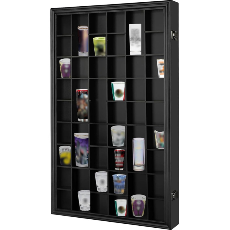 Odjaraye Shot Glass Display Case - 46 Glass Holders Wall Mounted Lockable Cabinet with UV Protection Black