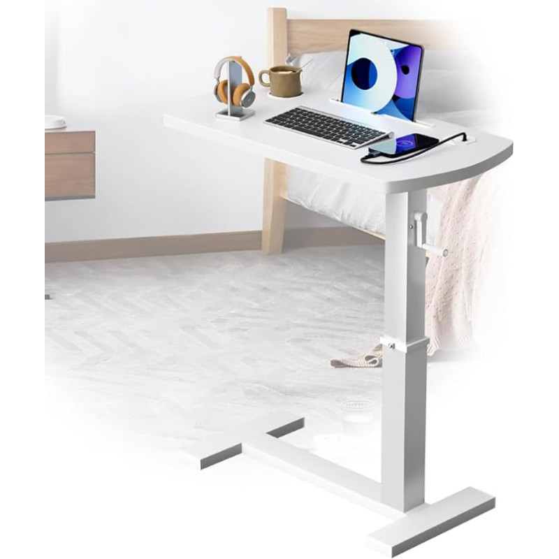 ACLFF Side Table for Sofa with Wheels, Side Table Couch C Shape, Laptop Table Height Adjustable, Wooden Bedside Table, Height Adjustment 65 cm - 95 cm, for Sofa, Bed, Couch, Office