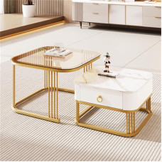 The stackable coffee table set with high-gloss marble look and metal frame paired with a side table with gold handle drawer is perfect for the living room (colour: tea brown + white + golden coffee