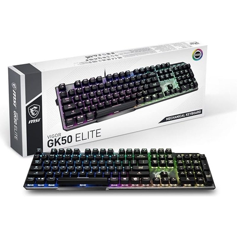 MSI Vigor GK50 Elite Box White Mechanical Gaming Keyboard, AZERTY FR, Clicky Switches, Ergonomic, Brushed Metal Finish, Non-Slip Base, RGB by Mystic Light Button, USB 2.0, Size