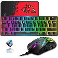 ZIYOU LANG T60 60% Mechanical Gaming Keyboard and Mouse [UK Layout] - RGB Lighting Type C Ergonomic Mini Keyboard - 12000 DPI, USB Honeycomb Mouse, PC Computer - Black+Blue Switch
