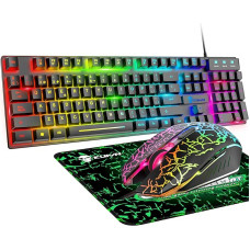 Gaming Keyboard and Mouse RGB Backlit Ergonomic USB Mechanical Feel Gaming Keyboard + 2400 DPI 6 Buttons Optical Rainbow LED USB Mouse + Free Gaming Mouse Pads for PC PS4