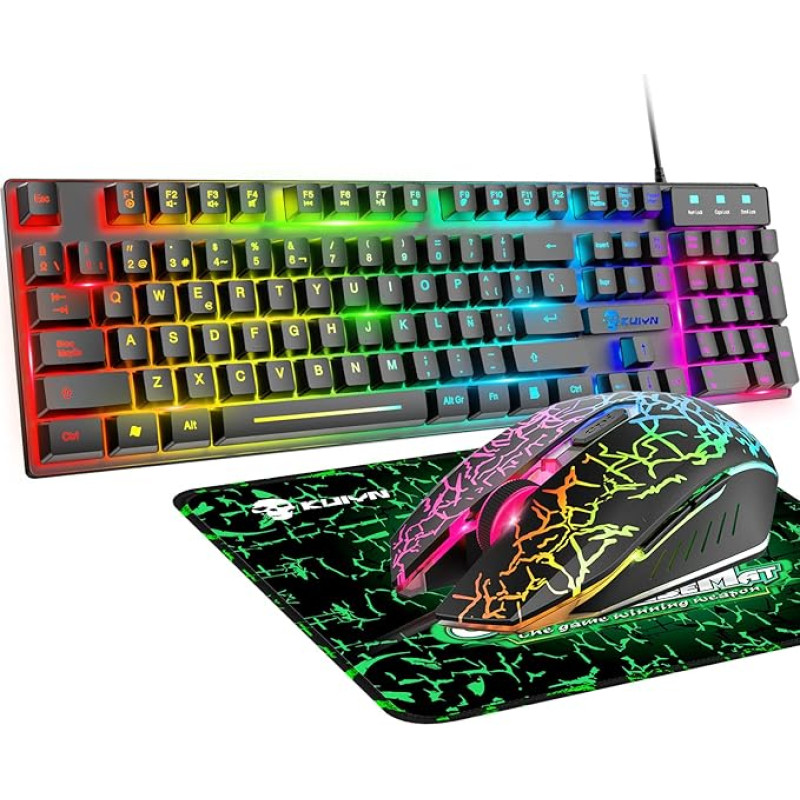Gaming Keyboard and Mouse RGB Backlit Ergonomic USB Mechanical Feel Gaming Keyboard + 2400 DPI 6 Buttons Optical Rainbow LED USB Mouse + Free Gaming Mouse Pads for PC PS4