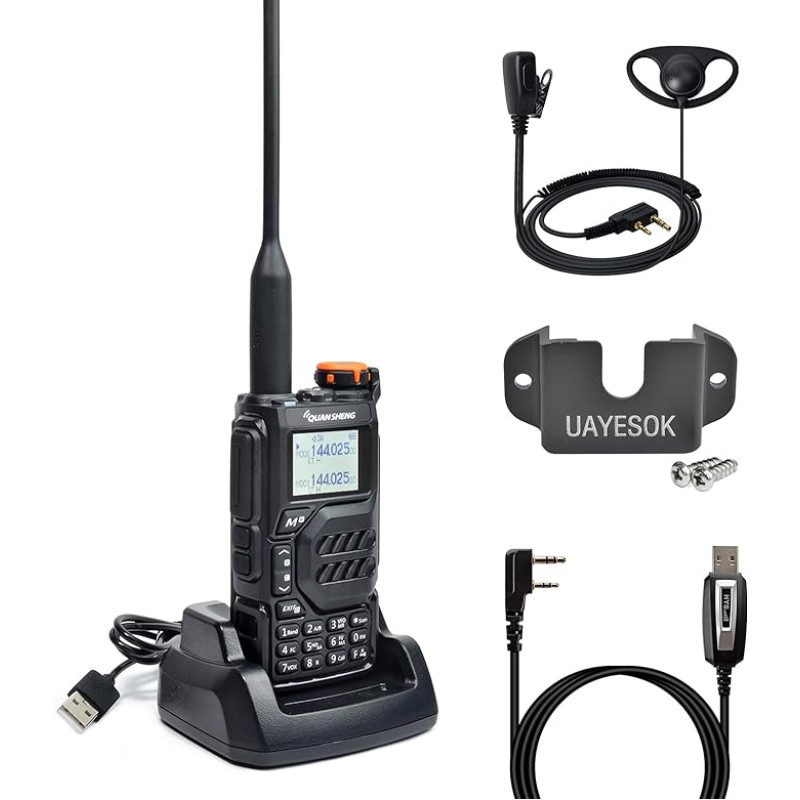 QUANSHENG UV-K5 raadio 5W Walkie Talkie pikamaa laetav käsiraadio täiskasvanutele Politsei raadio FM, NOAA, C-tüüpi laadimine, 200 kanalit (UV-K5 koos D01CK & kaabli ja hoidjaga)