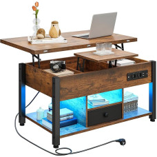 YITAHOME Coffee Table with Height-Adjustable, 4-in-1 Multifunctional Coffee Table with Storage Space and LED Lighting, Coffee Table Converts into a Dining Table for the Living Room, Vintage Brown