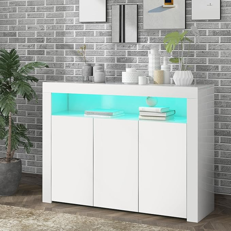 LIFE CARVER LED Sideboard Cabinet Modern High Gloss White 3 Door Wooden Buffet Cabinet Storage Unit with Remote Control for Kitchen Living Room Dining Room Hallway
