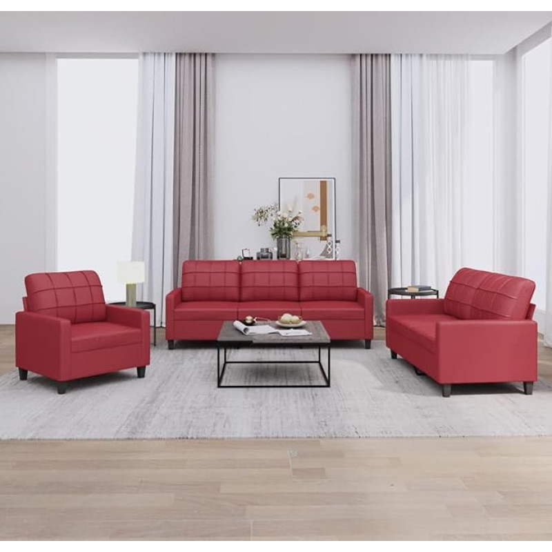 Brokky 3-TLG. Sofagarnitur mit Kissen Sofa Wohnzimmer Sitzgruppe Wohnzimmer Sofa Set Sofas FüR Wohnzimmer Weinrot Kunstlederer / 3201341