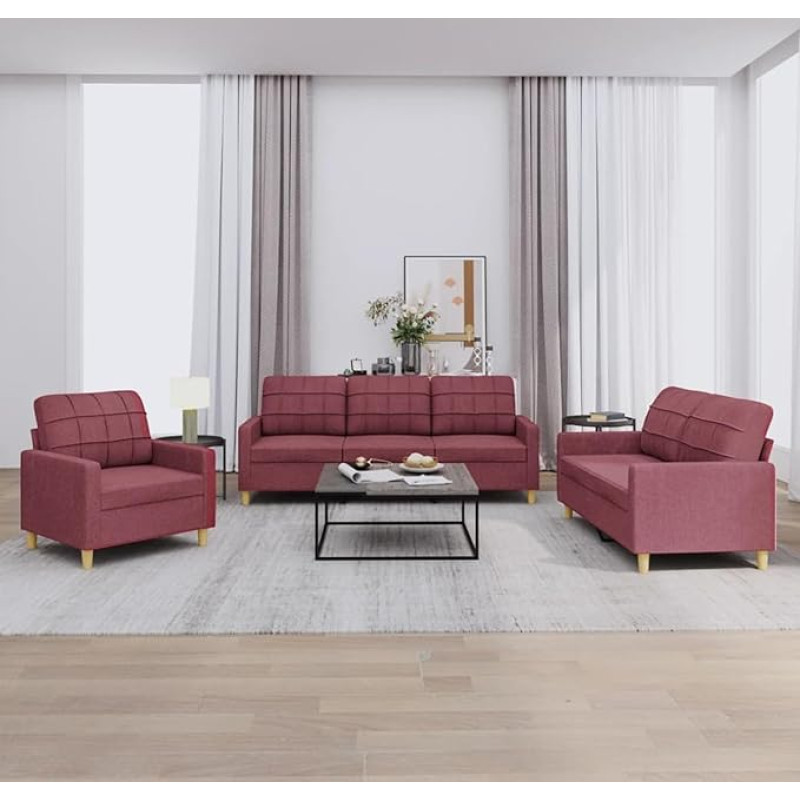 Brokky 3201248 3-Piece Sofa Set with Cushion Sofa Living Room Sofa Set Sofas for Living Room Wine Red Fabric