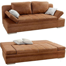 15117 Functional Sofa with Guest Bed and Bed Box W200/D100/H84 cm, Adjustable Armrests, Lying Surface 148 x 200 cm, Wave Support, Microfibre Cover in Antique Leather Look with Brown Quilting