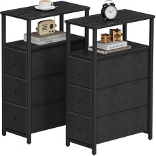 TUTOTAK Narrow Side Table, Tall Side Table with 3 Fabric Drawers, Bedside Table, Small Bedside Table with Storage Space, Set of 2, for Living Room, Bedroom, Black TB01BK072