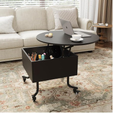 VOWNER Height Adjustable Coffee Table with Castors, Living Room Table with Hidden Storage Space, Round Coffee Table for Living Room, Office (Black)