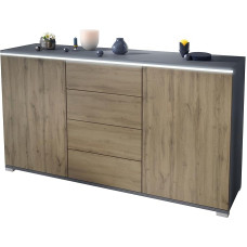 Vladon Faro V1 Sideboard - Chest of Drawers with 2 Doors and 4 Drawers, Cabinet with LED Light Strip, Anthracite Matt/Oak Evoke (138.5 x 75.5 x 35)