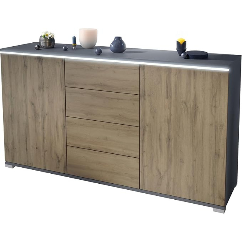 Vladon Faro V1 Sideboard - Chest of Drawers with 2 Doors and 4 Drawers, Cabinet with LED Light Strip, Anthracite Matt/Oak Evoke (138.5 x 75.5 x 35)