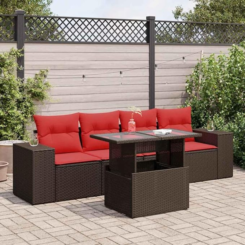 Rantry 5-TLG. Garten-Sofagarnitur mit Kissen Braun Poly Rattan Akazie Gartenlounge Model3326725