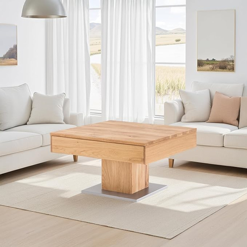 Woodlive Solid Wood Coffee Table, Square, Oiled Wild Oak, Living Room Table, Side Table With Drawer, Table 75 x 75 cm