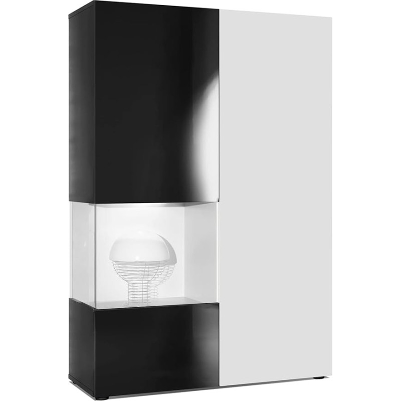 Vladon Morena Chest of Drawers Tall Cabinet Body in Matte Black / Right Door and Insert in Matte White Includes LED Lighting