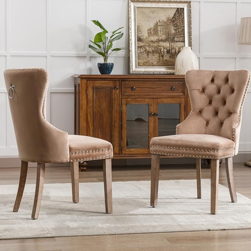 Doyisy Dining Room Chair (Kitchen Chair Living Room Chair with Unique Door Knocker on the Back), Upholstered Chair with Nail Head Trim, Solid Wood Legs, Velvet Cover (Brown)