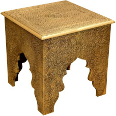 Casa Moro Ilias MA78-36 Oriental Side Table Height 46 cm Diameter 46 cm with Filigree Brass Inlay Fully Covered in Antique Gold Look Vintage Coffee Table Sofa Table