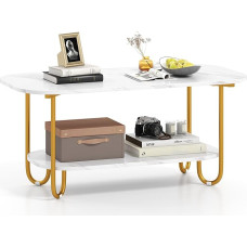 LIFEZEAL Coffee Table Marble Look, Living Room Table with 2 Shelves, Modern Sofa Table with Metal Frame, Tea Table Coffee Table for Living Room and Office, White + Golden