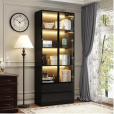 DEZAGCE Display Cabinet with Glass Doors, Standing Shelf for Living Room, Bedroom, Dining Room, Office, Kitchen, 80 x 36 x 200 cm, MDF, Black