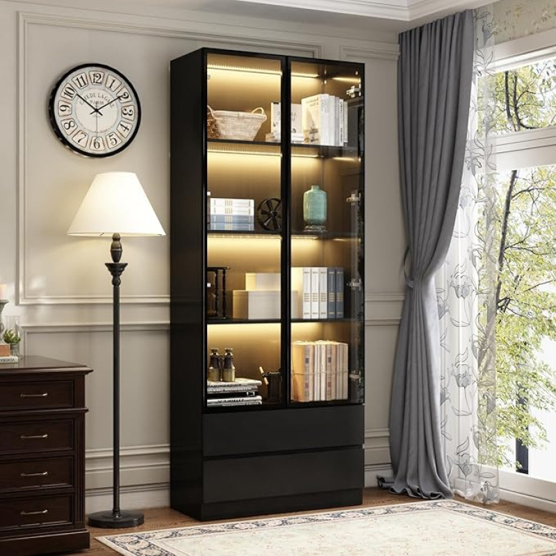 DEZAGCE Display Cabinet with Glass Doors, Standing Shelf for Living Room, Bedroom, Dining Room, Office, Kitchen, 80 x 36 x 200 cm, MDF, Black