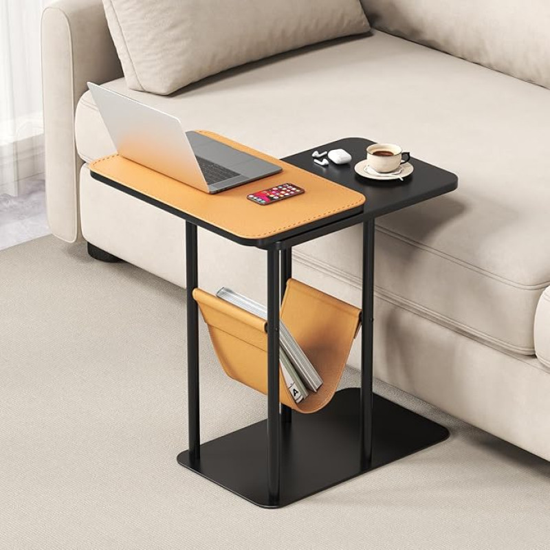 Beistelltisch C Form, Metallbasis C-förmigen Couch Beistelltisch, Doppel-Tischplatte Laptop Stand TV-Tisch für Sofa und Bett, Klein Couchtisch Endtisch, Mobiler Kaffeetisch für Wohnzimmer (orange)