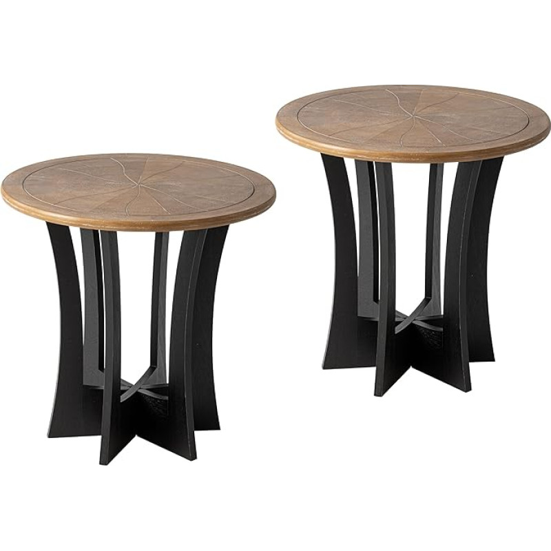 COZAYH Farmhouse Round Side Table X 2P with Criss Cross Wooden Legs, Rustic French Country Side Table for Dining Room or Living Room, Modern, Black, Natural Wood