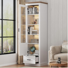 Moimhear LED Display Cabinet, White, 50 x 35 x 178 cm, with USB Connection, 16 Colours Remote Control, with Wooden Decoration, Tall Cabinet with Drawer, MDF, 5 Compartments Display Cabinet