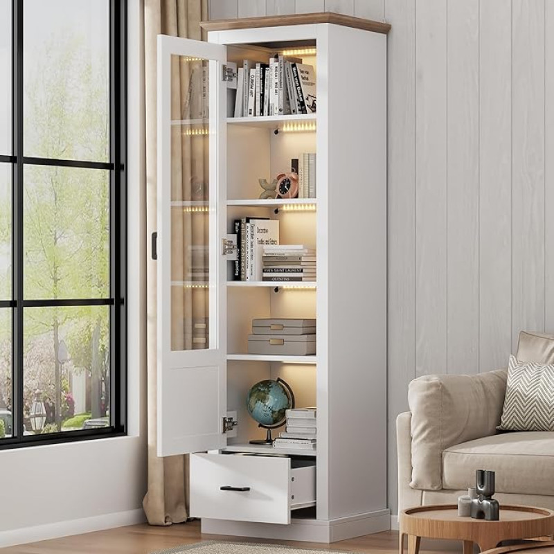 Moimhear LED Display Cabinet, White, 50 x 35 x 178 cm, with USB Connection, 16 Colours Remote Control, with Wooden Decoration, Tall Cabinet with Drawer, MDF, 5 Compartments Display Cabinet