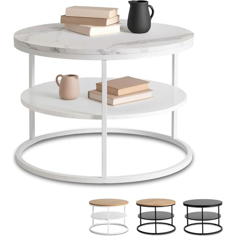 MEBEL ELITE Round Coffee Table 70 x 49.5 cm - Modern Living Room Table Marble Look/White with Storage Space - Round Sofa Table for Living Room and Office - Round Table with Easy-Care Surface