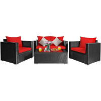 ZYMEN 4 Piece Patio Rattan Furniture Set Upholstered Sofa Chair Coffee Table Garden Red Single Sofa Commemoration Day