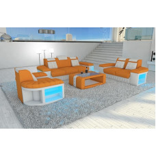Couch Bellagio Couch Set 3-2-1 Fabric Sofa with Chair - with LED Lighting, Adjustable Headrests/Microfibre (Apricot White C87)