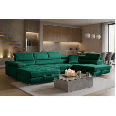 SOFILAND Wohnlandschaft Aller Moon U XXL Corner Sofa with Sleep Function and Two Bed Boxes (Green, Right)