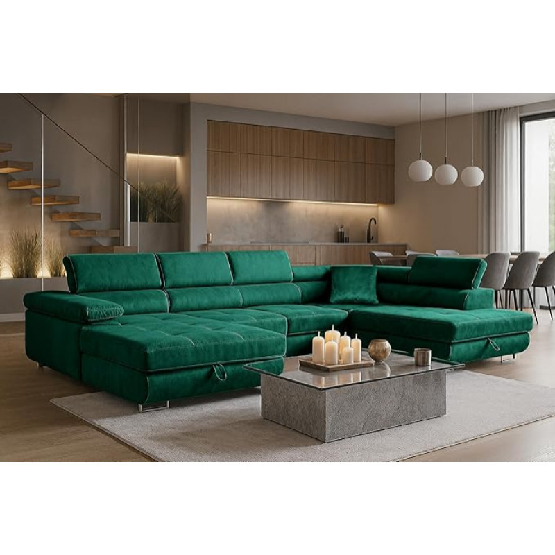 SOFILAND Wohnlandschaft Aller Moon U XXL Corner Sofa with Sleep Function and Two Bed Boxes (Green, Right)