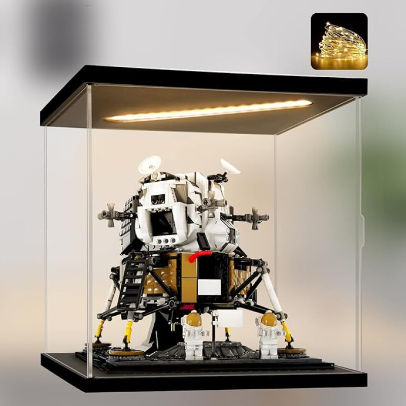 Premium Acrylic Display Case with LED Light, Perfect for Lego NASA Apollo 11 Set and Action Figures, Dustproof, Square, Ideal for Business or Home, 9.8 x 9.8 x 9.8 inches