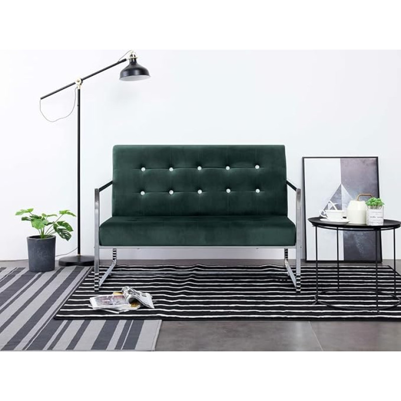 MOONAIRY 2 Seater Sofa with Armrests, Floor Sofa, Chaise Lounge, Small Sofa, Couch, Cauchsofa, Relaxing Sofa, Sofas & Couches, Living Room Sofa, for Teen Room, Dark Green Chrome and Velvet