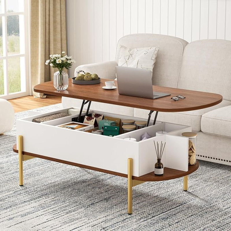 ALLSTAND Oval Coffee Table with Metal Legs and Large Hidden Compartment, Coffee Table with Open Shelf, Coffee Table with Wooden Lifting Bar, Table Top for Living Room