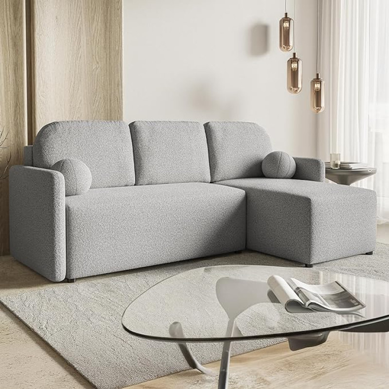 MOTIVENA Madera Corner Sofa with Sleep Function and Bed Box, L Shape, 3-Seater, Sofa Bed with Bed Box, L Couch, Cloud Couch, Boucle Sofa, Light Grey
