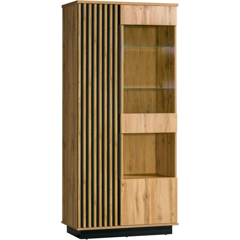 Mirjan24 Lanimo LA03 Display Cabinet with Decorative Slats, Standing Display Cabinet with 3 Doors and Compartments, Glass Display Case for Living Room Display Cabinet (Wotan Oak / Wotan Oak + Black,