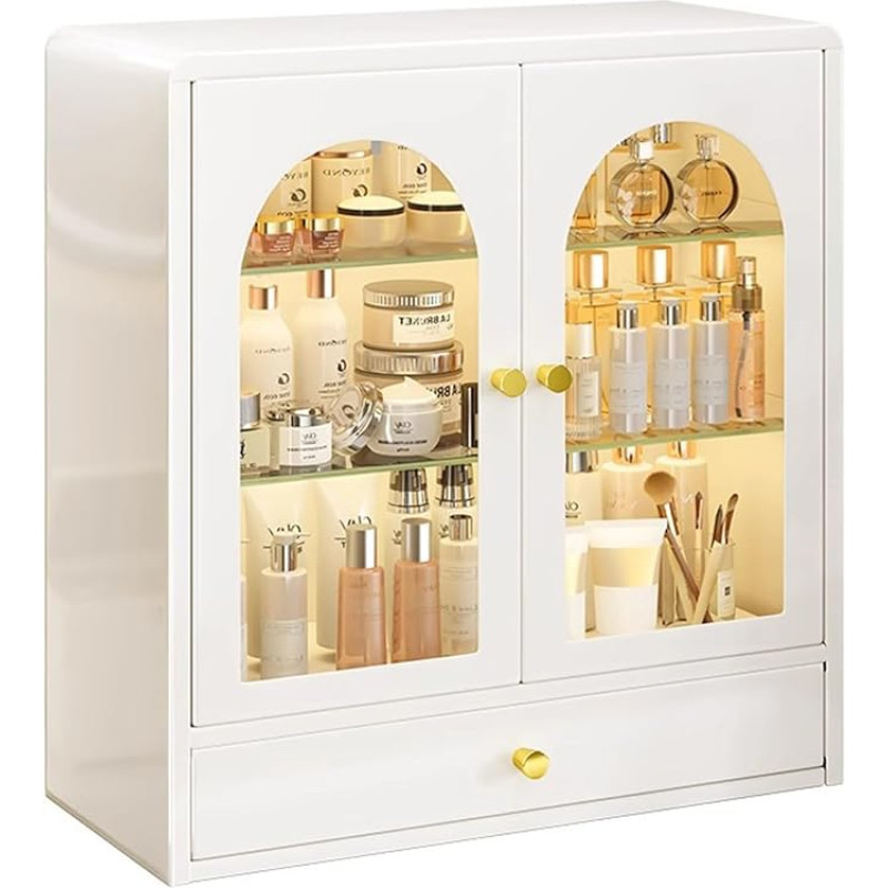 RZGZKLSH White Metal Wall Cabinet with Double Glass Door, Bathroom Wall Cabinet with Induction Light, Steel Display Cabinet with Glass Shelf, Home Display Cabinet, Display Cabinet